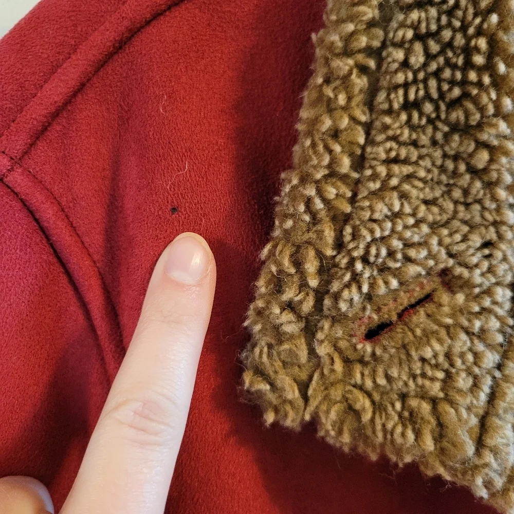 L.L. Bean Red Faux Suede Brown Sherpa Long Coat